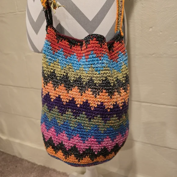 Crochet Bag Colorful Drawstring Bucket Hippie Boho Festival Travel Handmade Knit - Picture 3 of 9